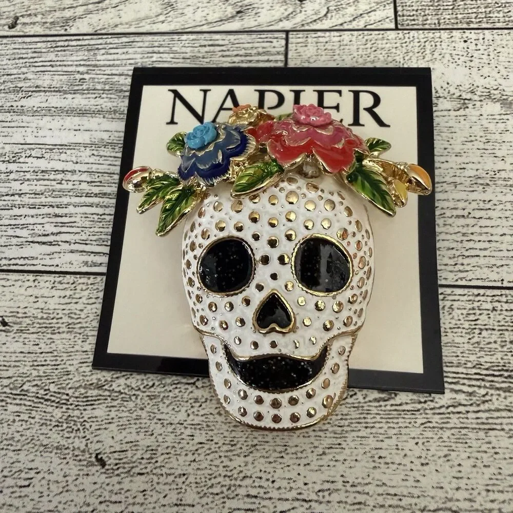 NAPIER DAY Of The DEAD Dia De Los Muertos Sugar SKULL Flowers Crown PIN BROOCH